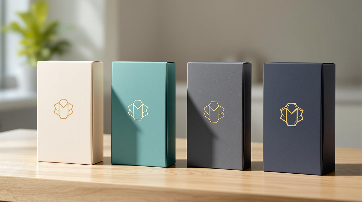 Four custom printed tuck-end paperboard boxes in cream, teal, charcoal and navy with gold foil logo marks, comparing box finishes