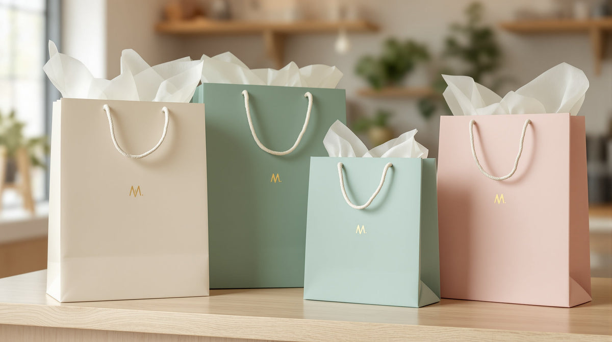 Custom printed paper gift bags in cream, sage green and blush with fabric rope handles in graduated sizes on a boutique counter