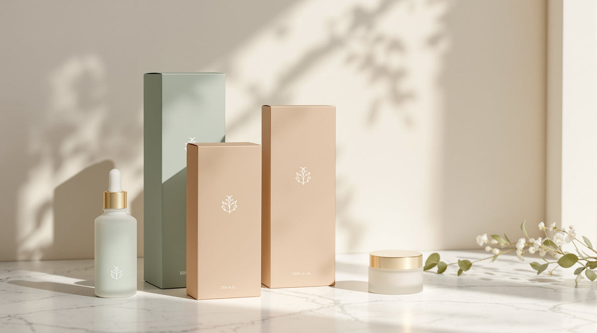 Custom printed tuck-end skincare boxes in sage, sand and cream with a dropper bottle and cream jar