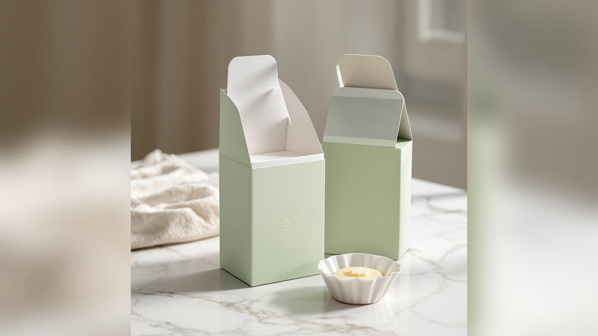 Sage green custom wax melt boxes in 350 gsm paperboard with open tuck flaps on a marble counter