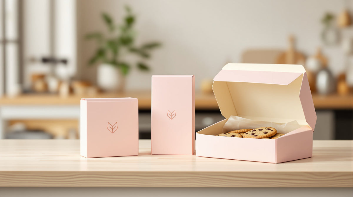 Custom printed blush pink tuck-end bakery boxes with cookies on a shop counter