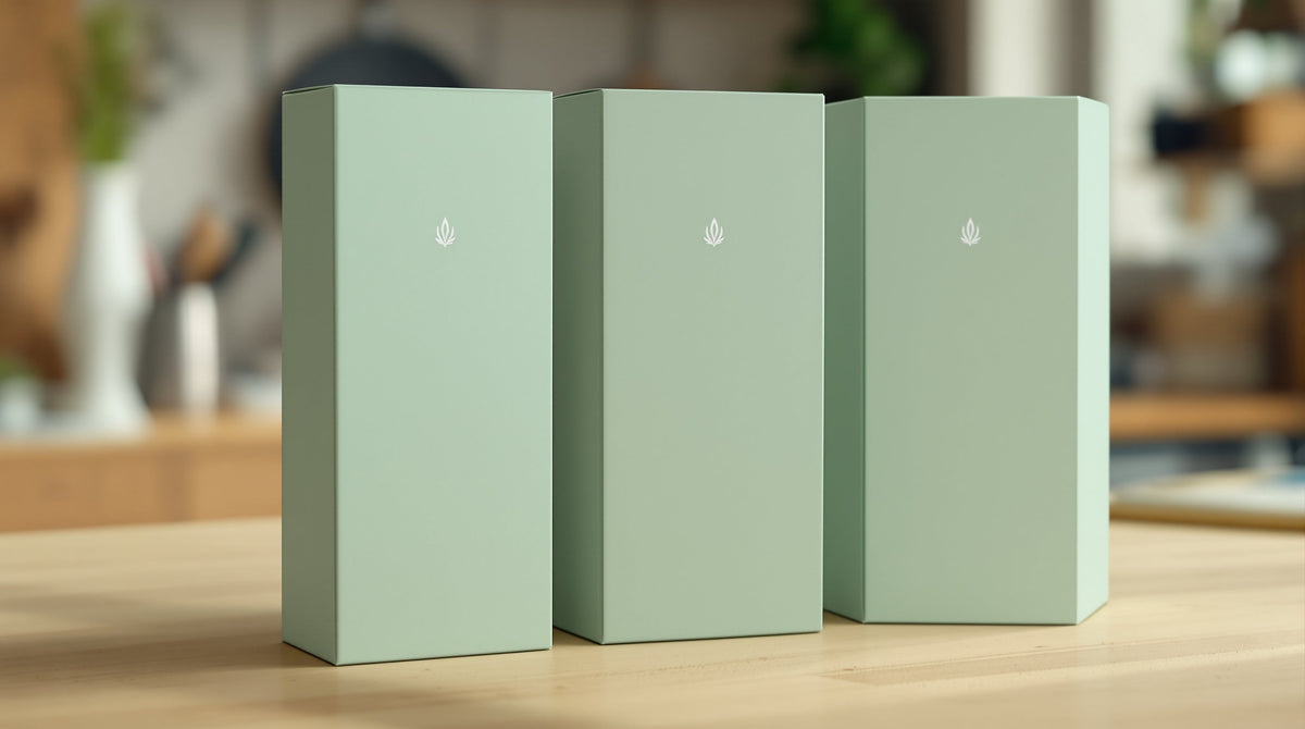 Three custom printed sage green straight tuck-end paperboard boxes with a small logo, ordered in a small quantity