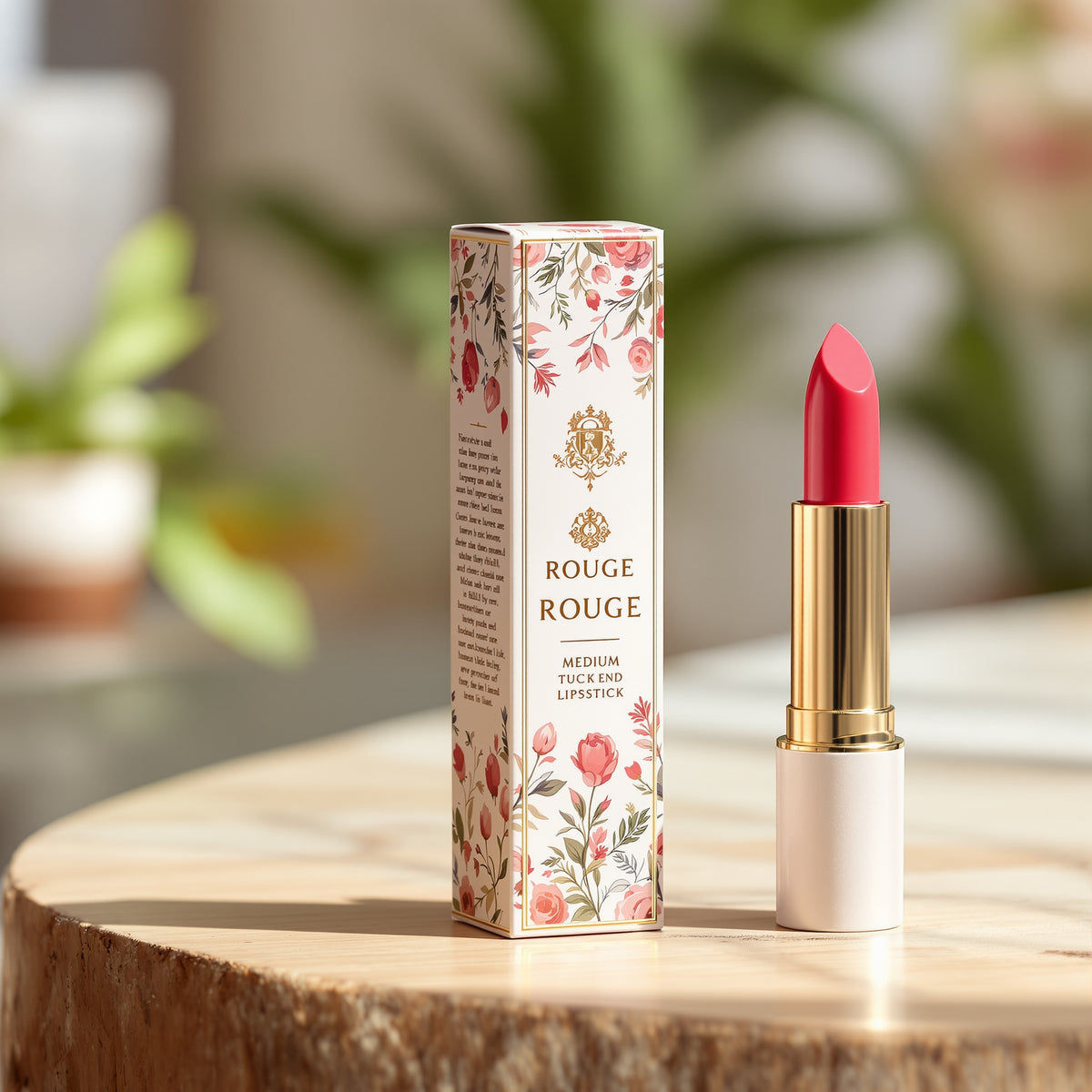 Custom lipstick box with illustrated floral print in white and pink, tuck-end paperboard carton next to a red lipstick