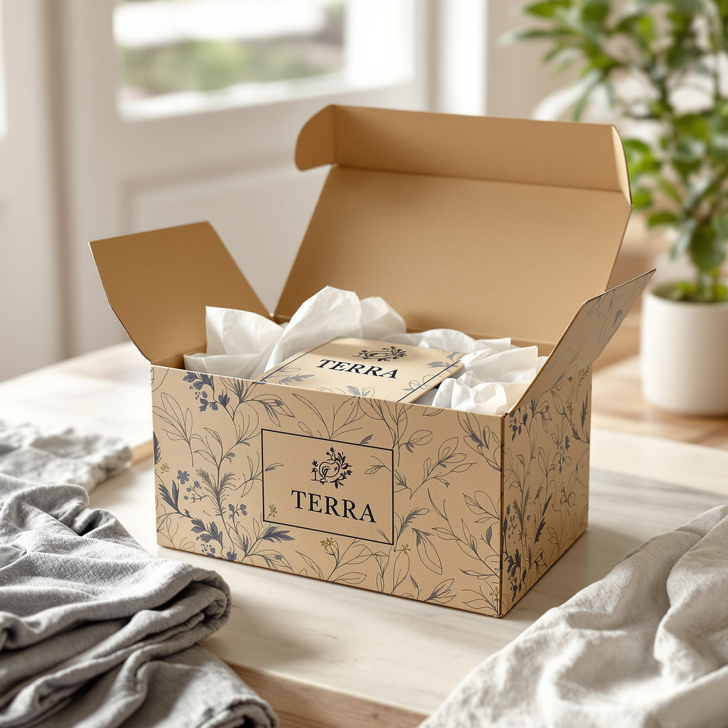 Open kraft E-flute mailer box with navy botanical print and logo panel, tissue paper inside