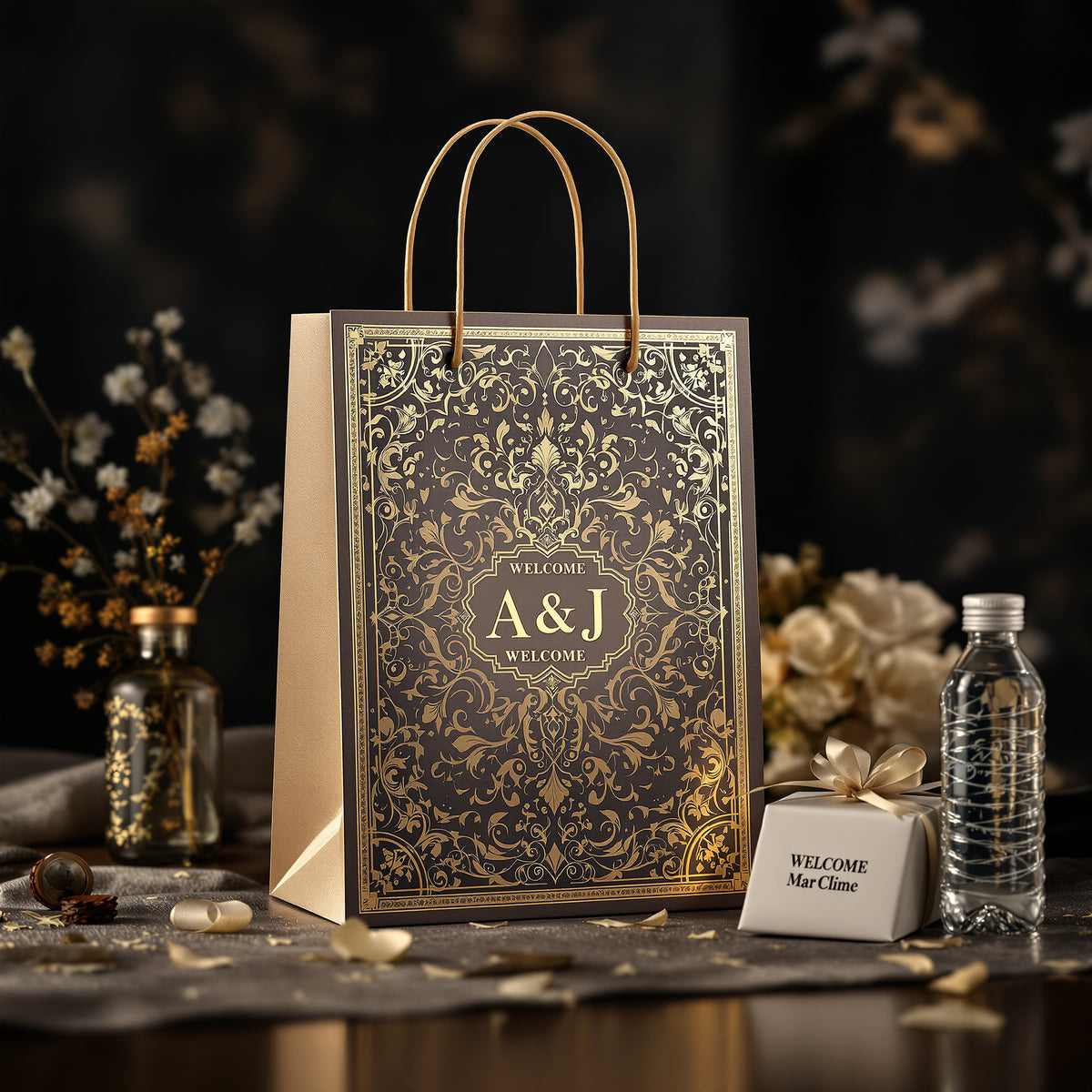 Custom Wedding Welcome Bags — luxury foil design example