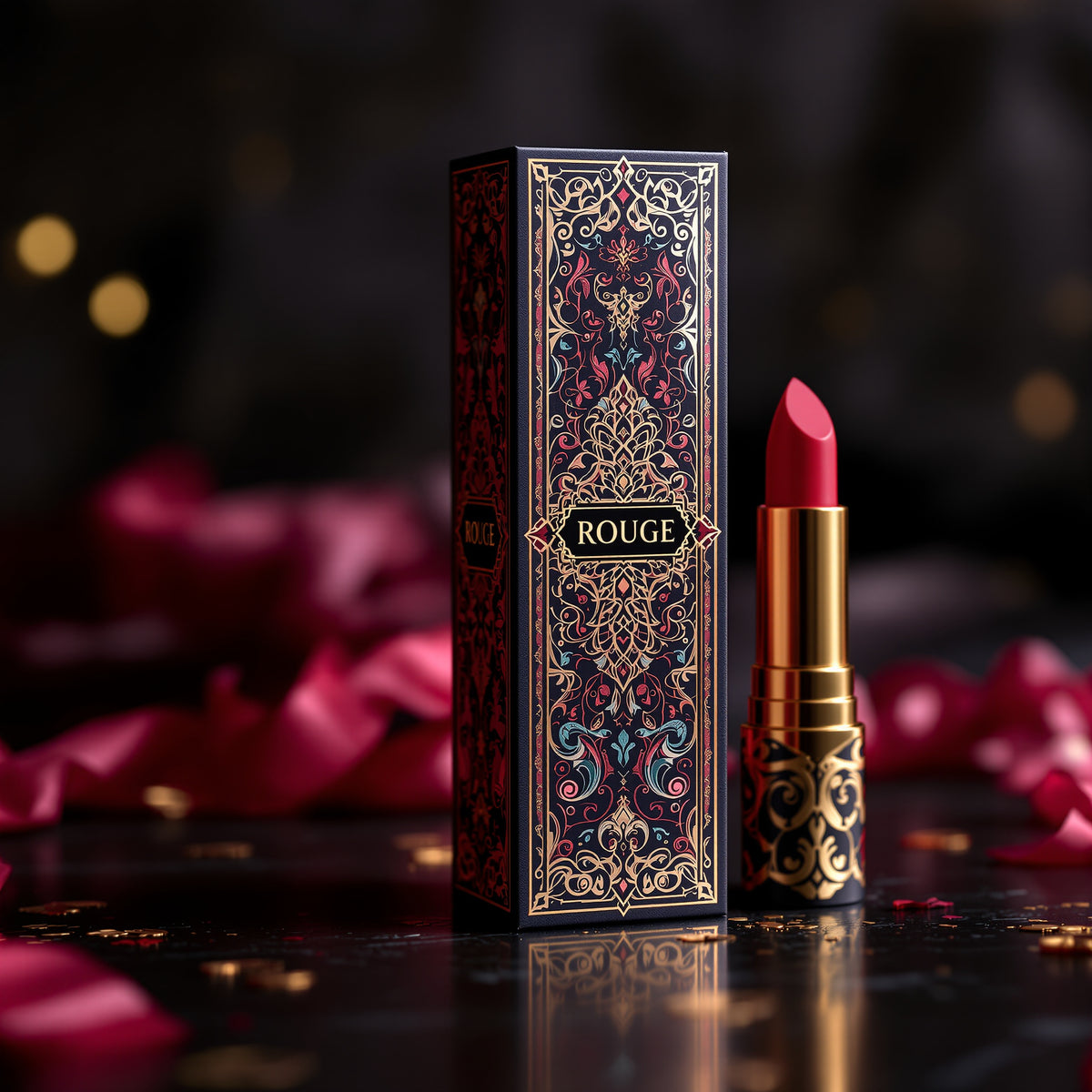 Luxury custom lipstick box in dark navy with ornate gold foil pattern beside a gold lipstick tube