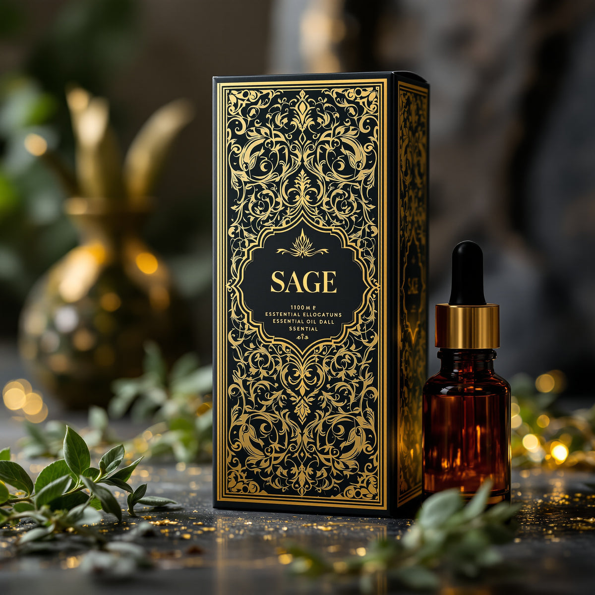 Luxury custom essential oil box with gold foil logo, printed tuck-end paperboard carton