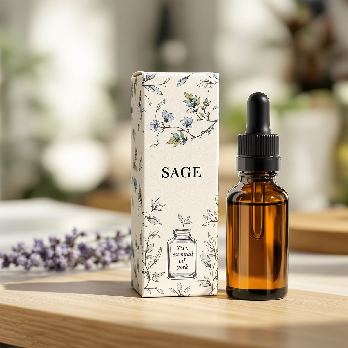 Custom essential oil box with an illustrated botanical-style print, tuck-end paperboard packaging for small aromatherapy brands