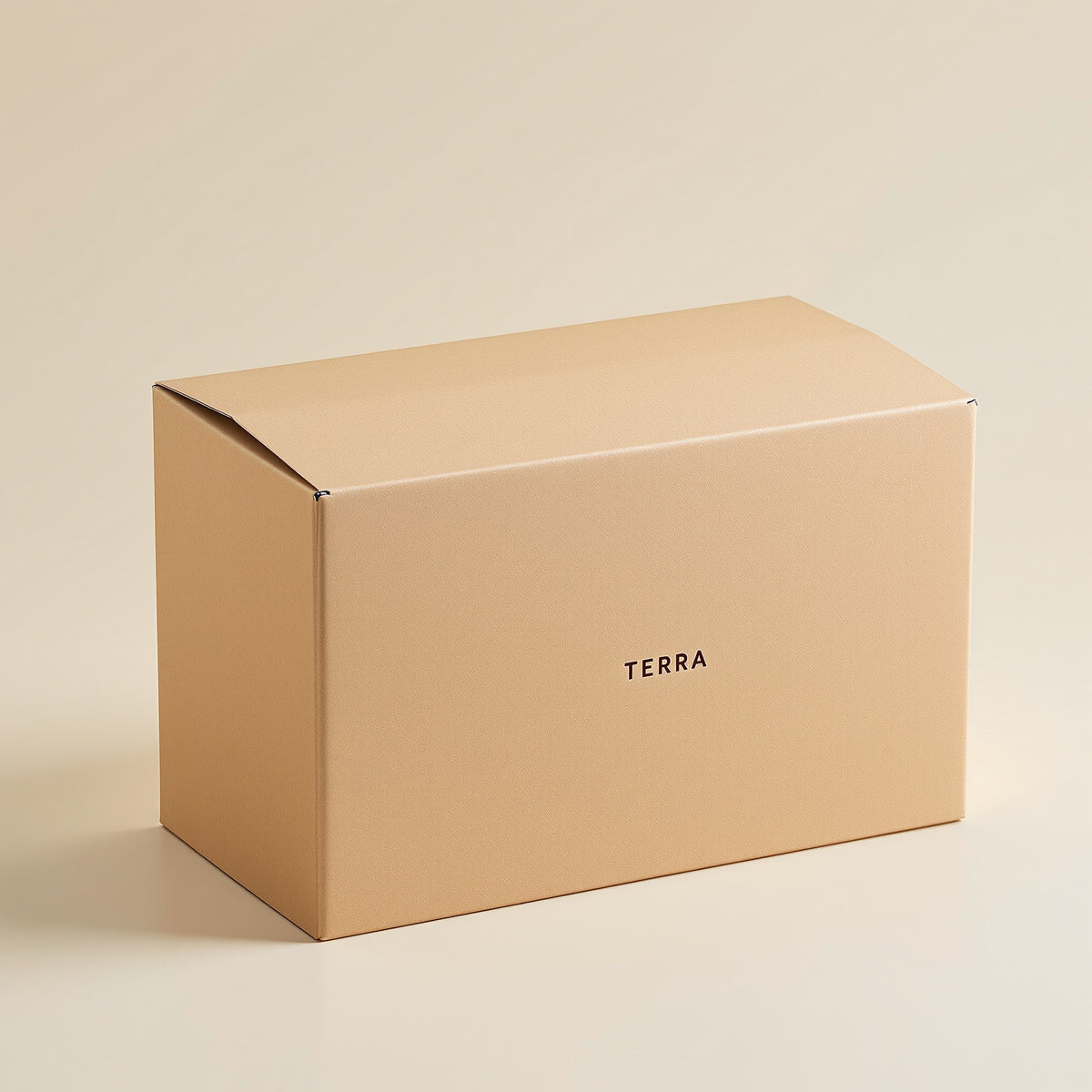 Kraft E-flute corrugated shipping box with a small minimal printed logo, plain brown finish