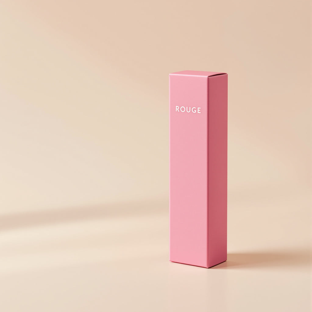 Minimal pink custom printed lipstick box, tall tuck-end paperboard carton with small logo, matte finish