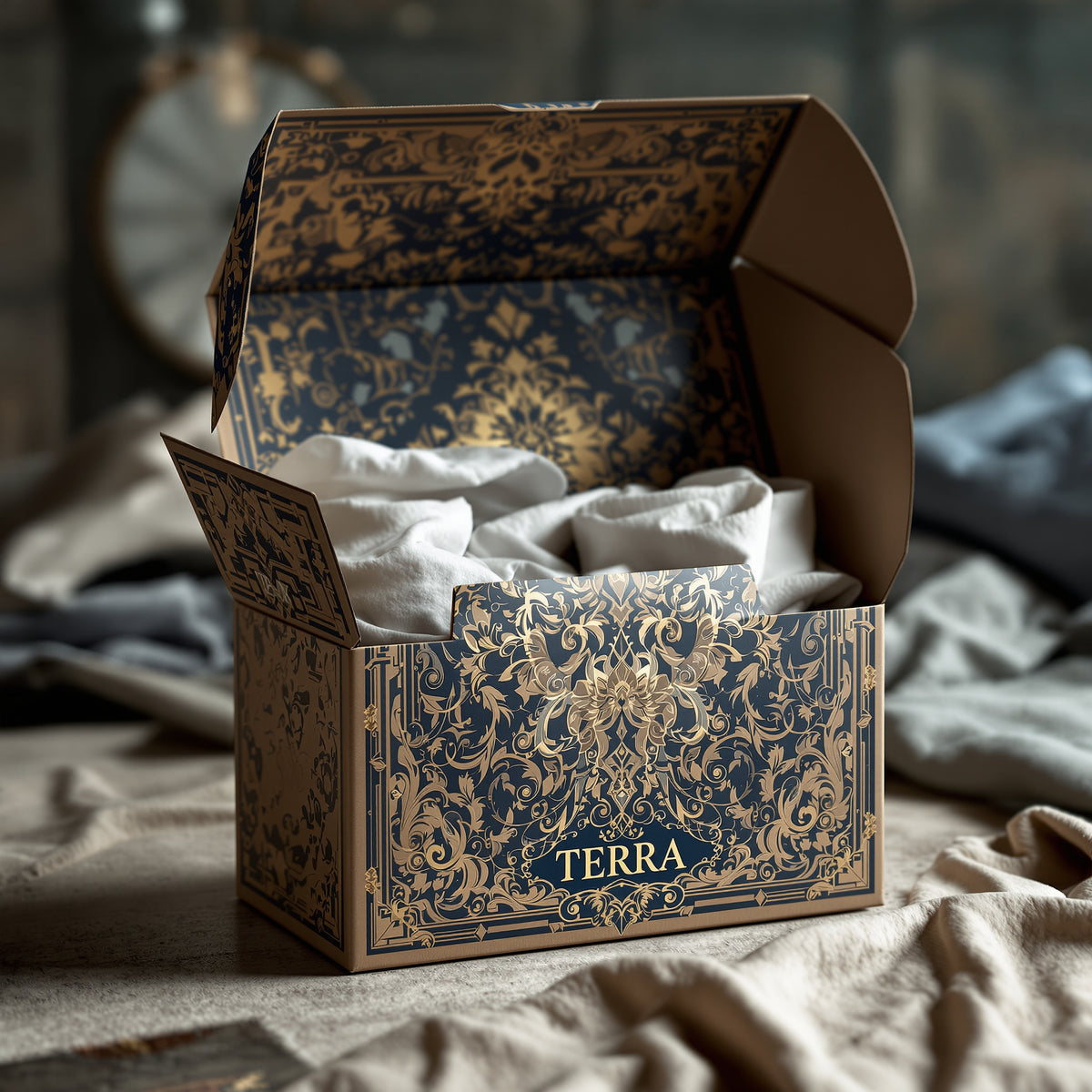 Open kraft mailer box with an all-over navy and gold-tone ornate printed pattern, design example