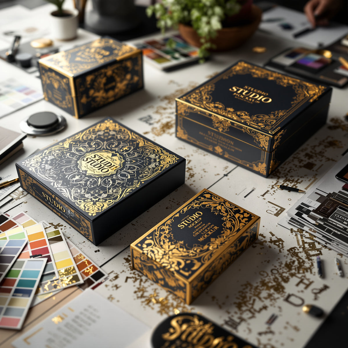 Packaging design service example: luxury custom box design with gold foil logo accents