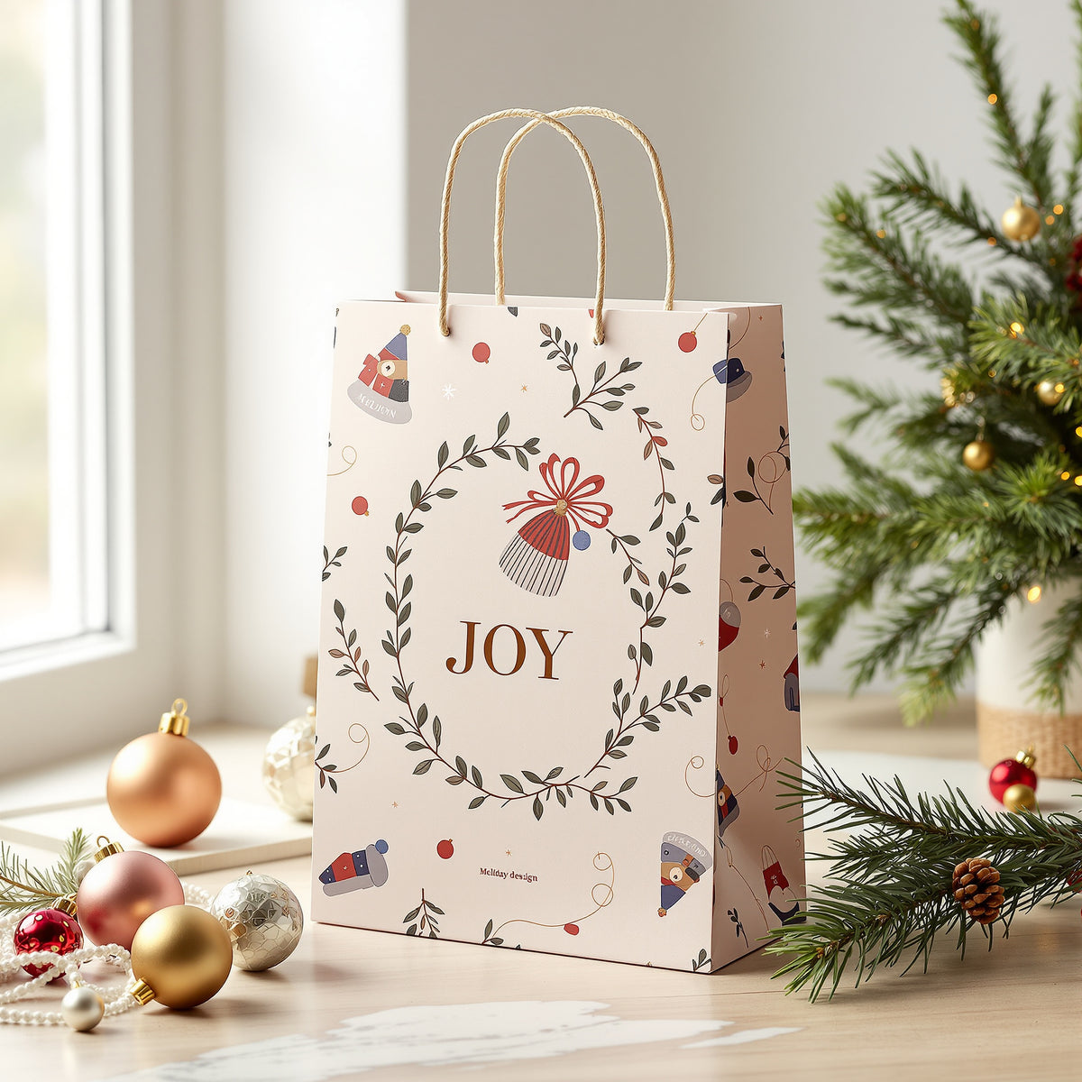 Custom Holiday Gift Bags — illustrated design example