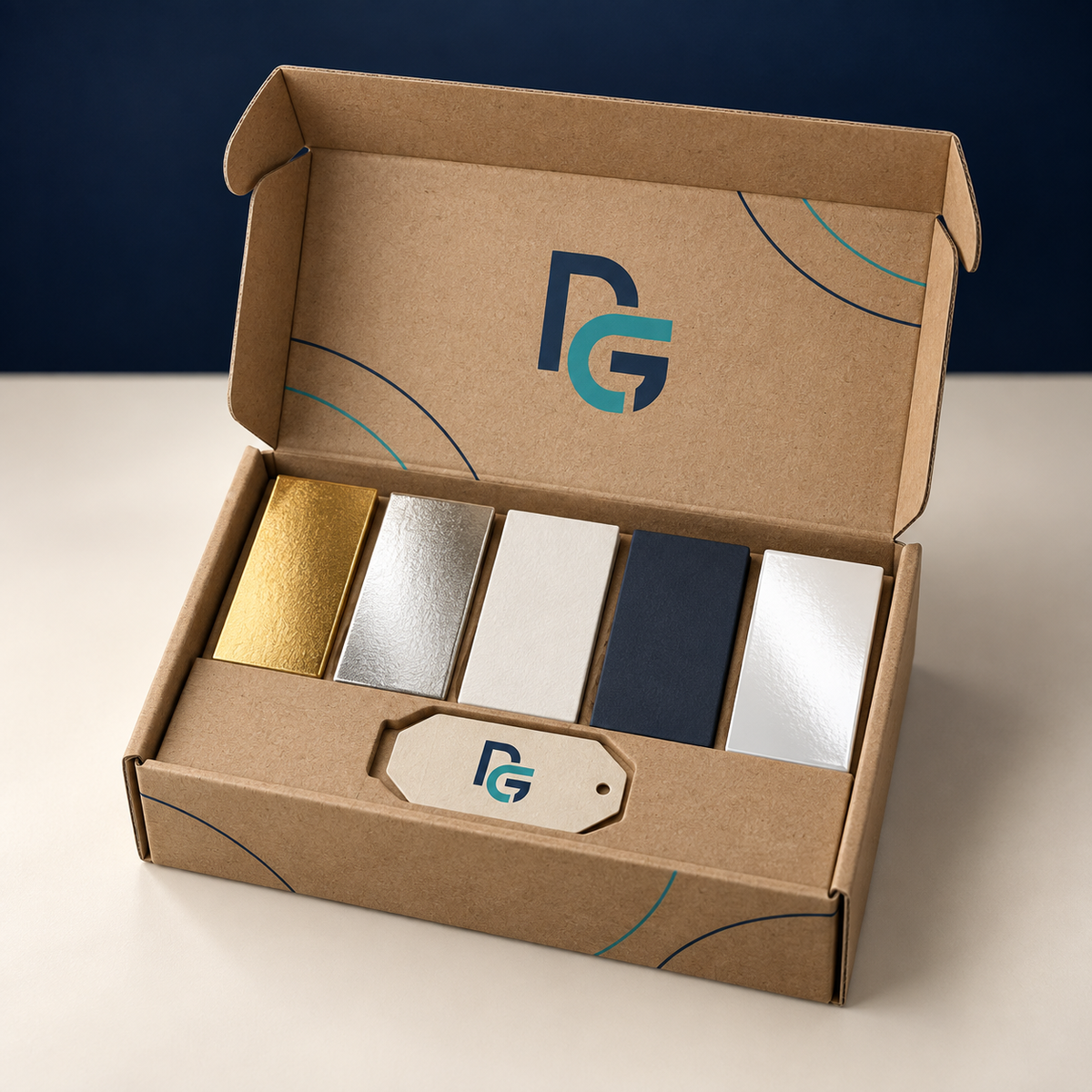 PackGroove Sample Box – printed box with matte, gloss, soft-touch and gold and silver foil finish samples
