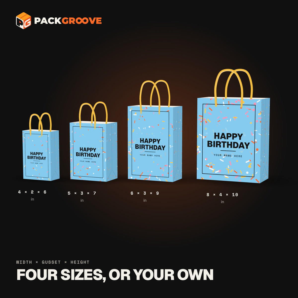 Birthday party favor bag sizes: 4x2x6, 5x3x7, 6x3x9 and 8x4x10 inch custom printed paper bags