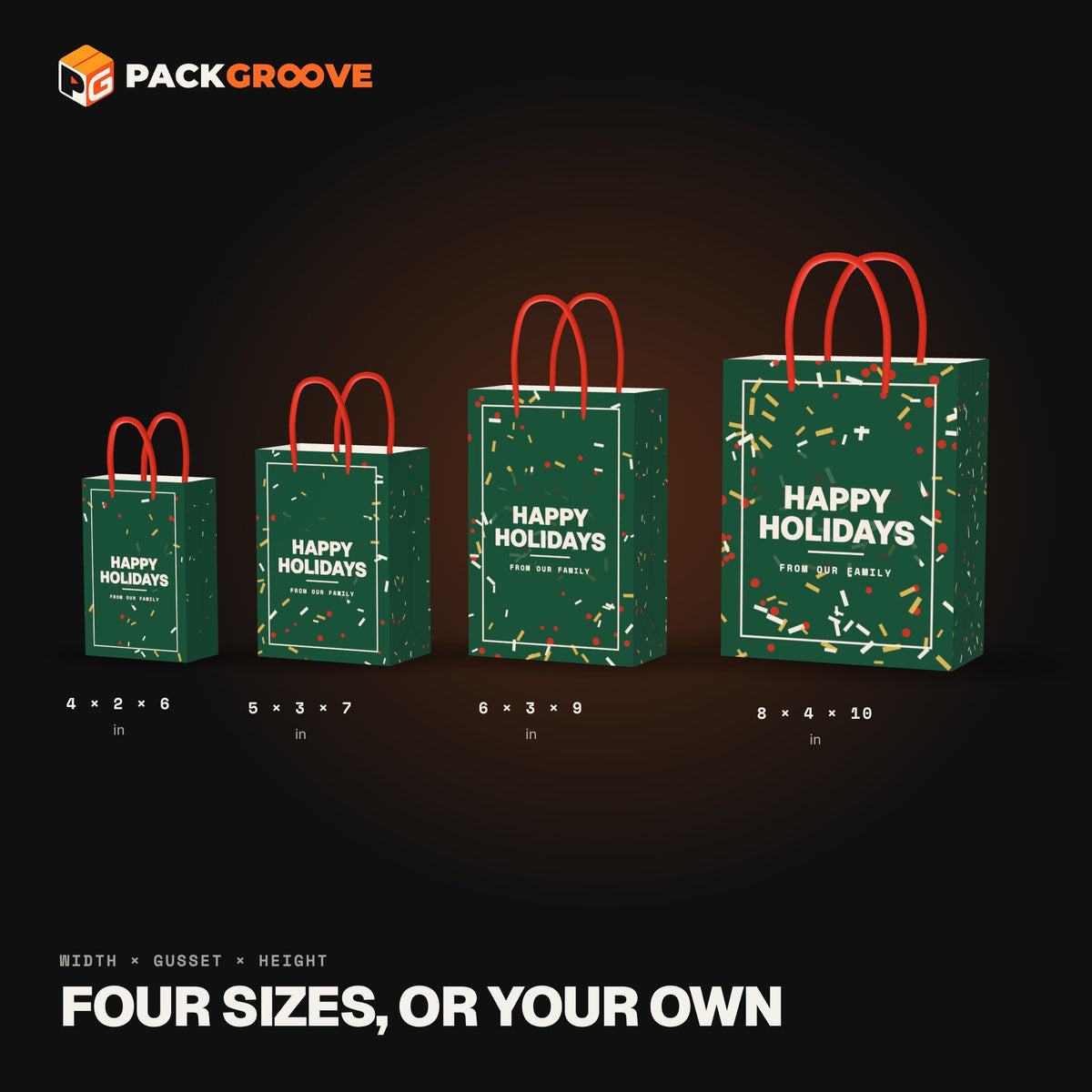 Custom holiday gift bag sizes 4x2x6, 5x3x7, 6x3x9 and 8x4x10 inches