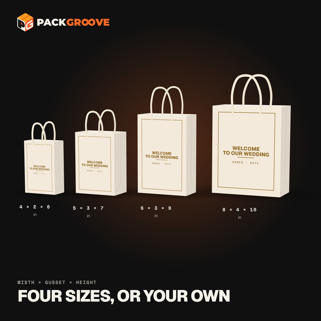 Wedding welcome bag sizes: 4x2x6, 5x3x7, 6x3x9 and 8x4x10 inch custom paper gift bags
